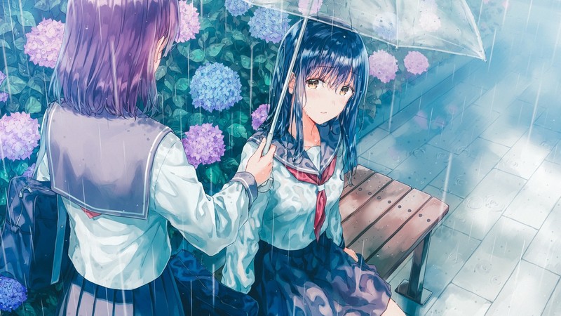 umbrella, anime girls, bench, black hair, hydrangea, rain, anime