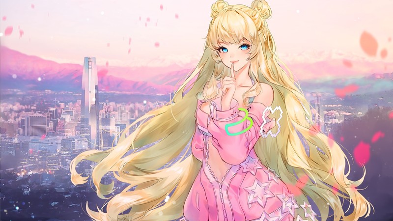 blonde, long hair, aqua eyes, building, anime