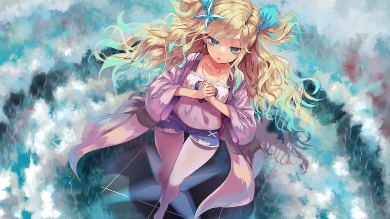 long hair, aqua eyes, blonde, necklace, shorts, anime