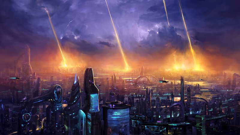 clouds, building, digital art, science fiction, city