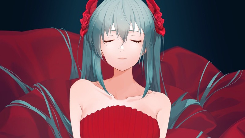 Hatsune Miku, Vocaloid, pigtails, long hair, bare shoulders, closed eyes, anime girls, anime
