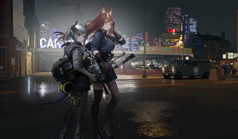 boobs, short hair, long hair, gun, outdoors, car, bag, anime girls, anime, Arknights, Liskarm(Arknights), Franka(Arknights)