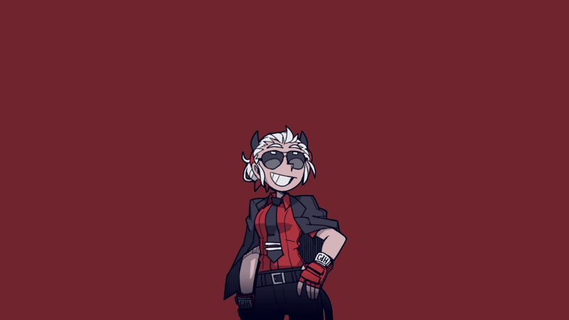 Helltaker, sunglasses, white hair, gloves, anime, anime girls, tie, women with shades, simple background, red background, demon girl, demon girls