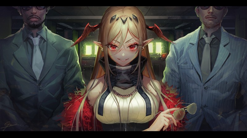 boobs, short hair, long hair, red eyes, suits, blonde, glasses, smirk, anime