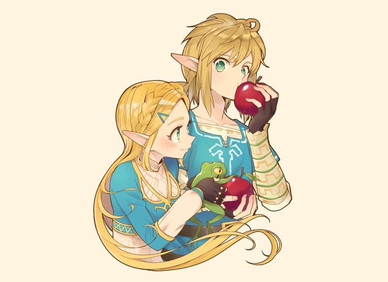 The Legend of Zelda, blonde, pointed ears, long hair, green eyes, apples