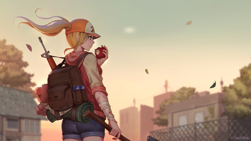 blonde, ponytail, hat, shorts, apples, gun, food, fruit, weapon, sunset, long hair, hood, blue eyes