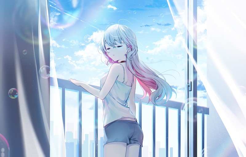 anime, anime girls, sky, clouds, long hair, white hair, artwork