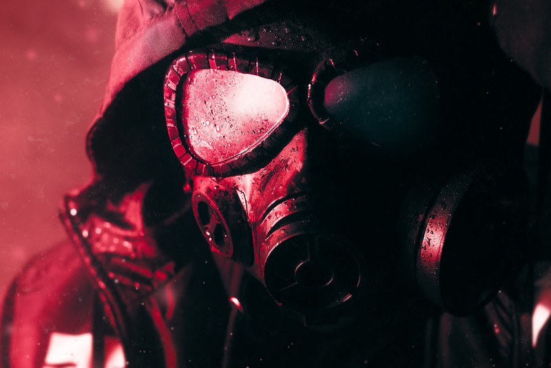 gas masks, hood, dark, red, military, digital art, mask, rain