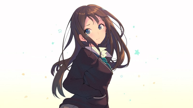 Shibuya Rin, THE, anime girls, white background, long hair, brunette, blue eyes, anime