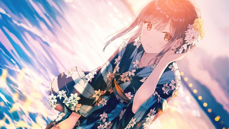 kimono, floral, flowers, anime, anime girls, brunette, water, Hiten