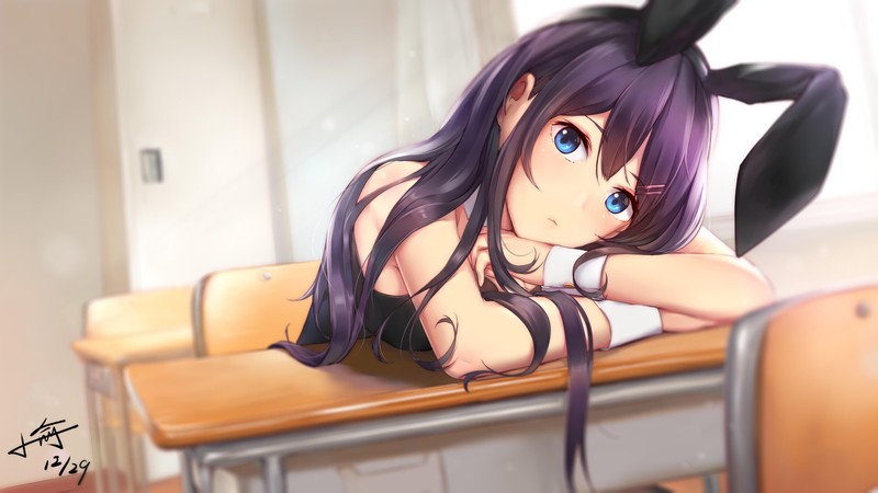long hair, black hair, blue eyes, desk, anime