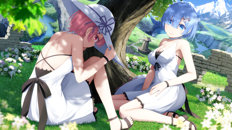 Ram (Re: Zero), Rem (Re: Zero), short hair, blue eyes, pink hair, blue hair, white dress, anime, Re:Zero Kara Hajimeru Isekai Seikatsu