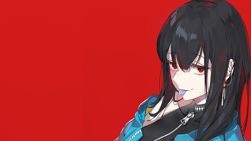 long hair, black hair, anime girls, red eyes, zipper, anime