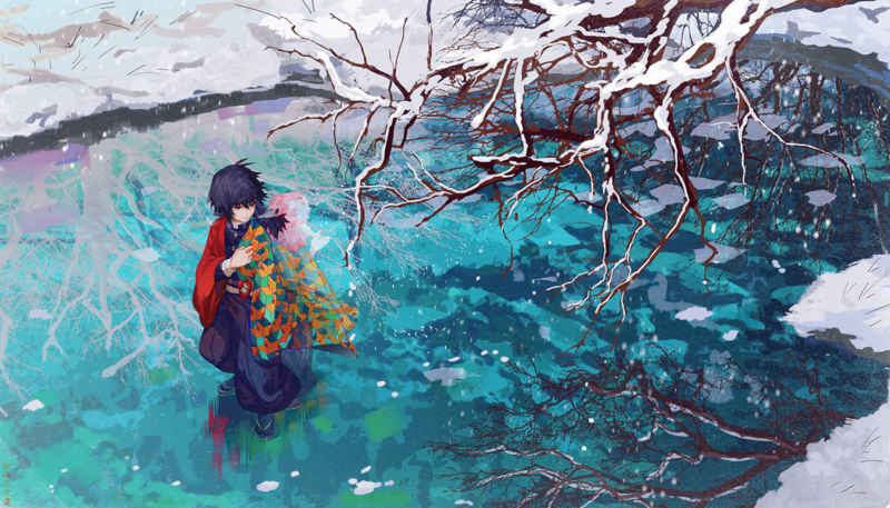 anime, Kimetsu no Yaiba, artwork, Giyu Tomioka (Kimetsu no Yaiba), snow, ice