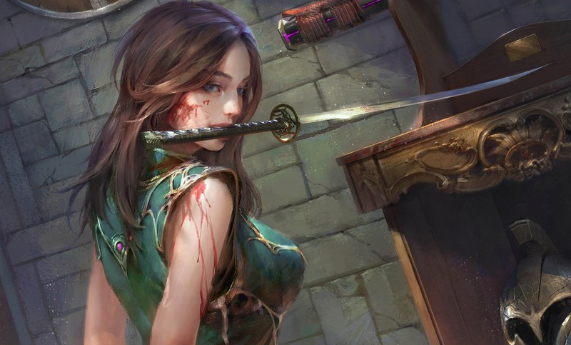 katana, sword, weapon, blood, helmet, samurai, women, blue eyes, brunette, warrior, fantasy art, fantasy girl, artwork, digital art
