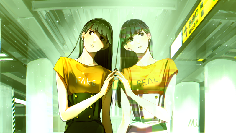 anime girls, original characters, green hair, reflection, anime