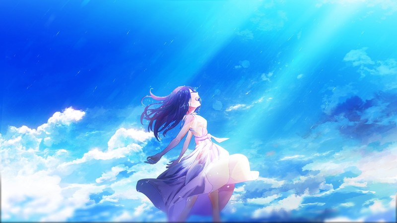 sky, white dress, anime girls, anime
