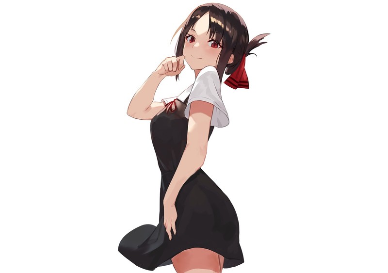 Kaguya Shinomiya, red eyes, blush, black hair, short hair, school uniform, anime