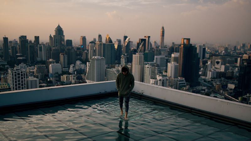 man, roof, water, city, horizon, wet, after rain, 4k