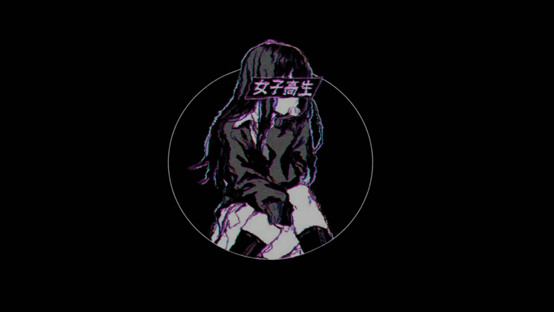 black background, chromatic aberration, kanji, anime, circle, anime girls