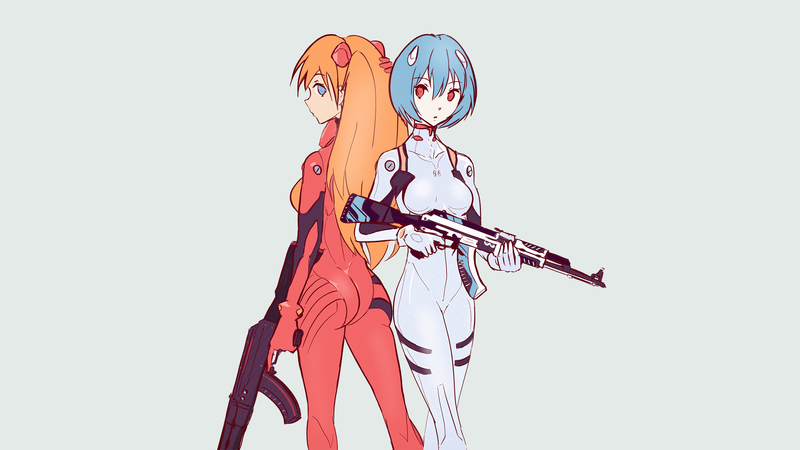 Neon Genesis Evangelion, Asuka Langley Soryu, Asuka Langley Shikinami, Ayanami Rei, weapon, AK-74, redhead, blue hair, plugsuit, blue eyes, red eyes, digital art, anime, anime girls, simple background