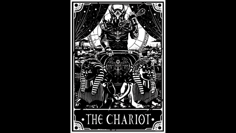 monochrome, simple background, occultism, tarot, Chariot, sphinx, helmet, text, city