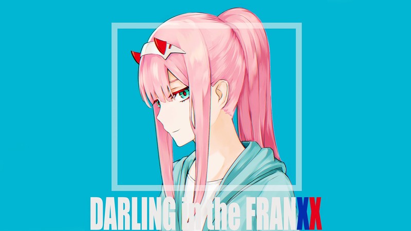 Zero Two (Darling in the FranXX), Darling in the FranXX, blue background, text, pink hair, blue eyes, looking at viewer, ponytail, anime, cyan background, cyan