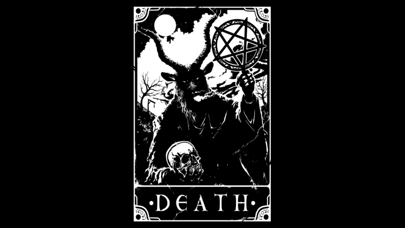 monochrome, simple background, occultism, tarot, goat, pentagram, skull, Moon, Gallows, text