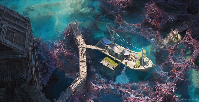 digital, digital art, coral, boat, water, sea, illustration, dock
