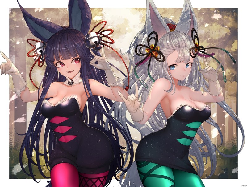 Socie (Granblue Fantasy), Yuel (Granblue Fantasy), blue hair, gray hair, animal ears, cleavage, shorts, tight clothing, red eyes, ponytail, long hair, dress, gloves, elbow gloves, cosplay, bodysuit, bell, anime
