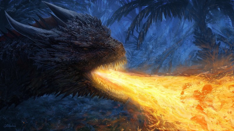 dragon, fire, creature, burning, horns, fantasy art
