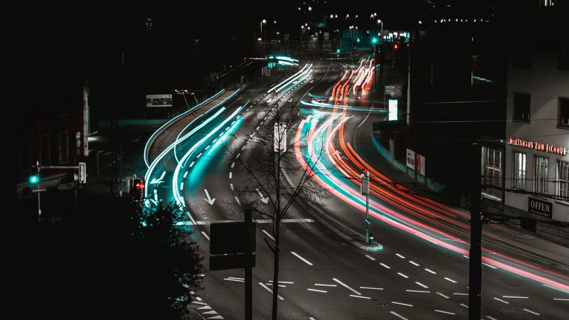 road, turn, backlight, long exposure, multi-lane, urban, 4k