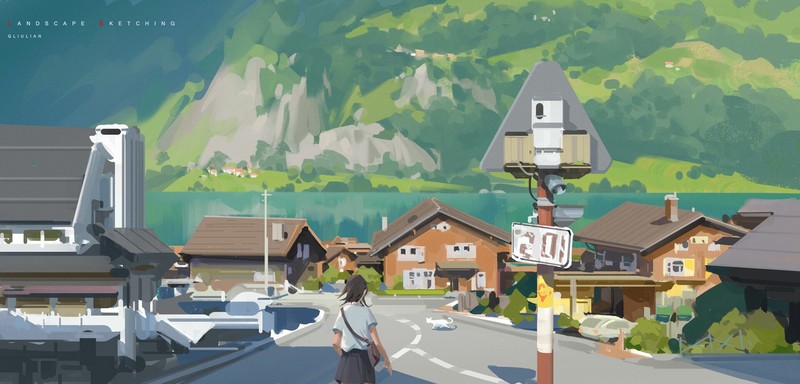 ArtStation, artwork, village, road, cats