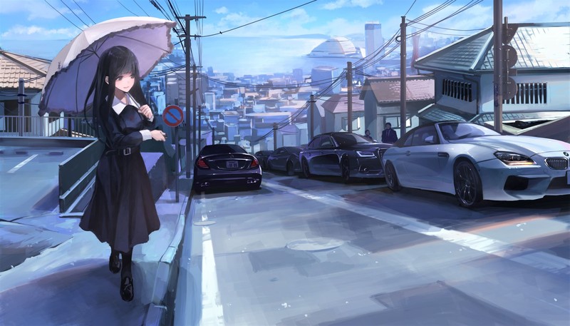 anime, anime girls, car, umbrella, black dress, black hair, long hair, street japan