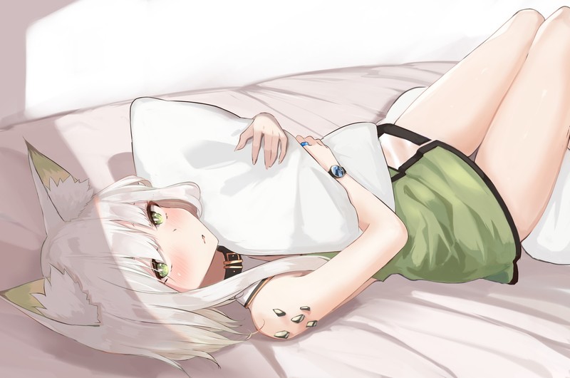 animal ears, blush, bed, green eyes, white hair, thighs, anime