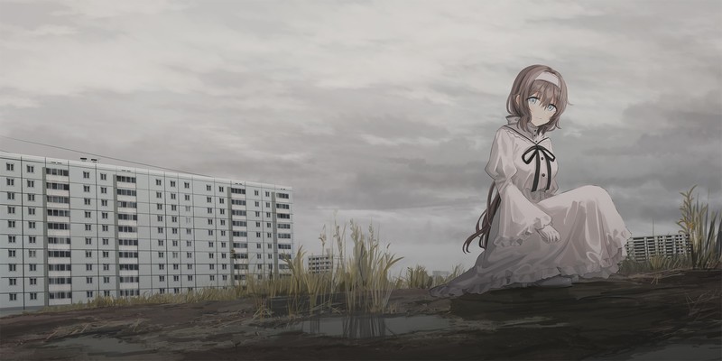 building, grass, white dress, long hair, black hair, cleavage, anime girls, anime
