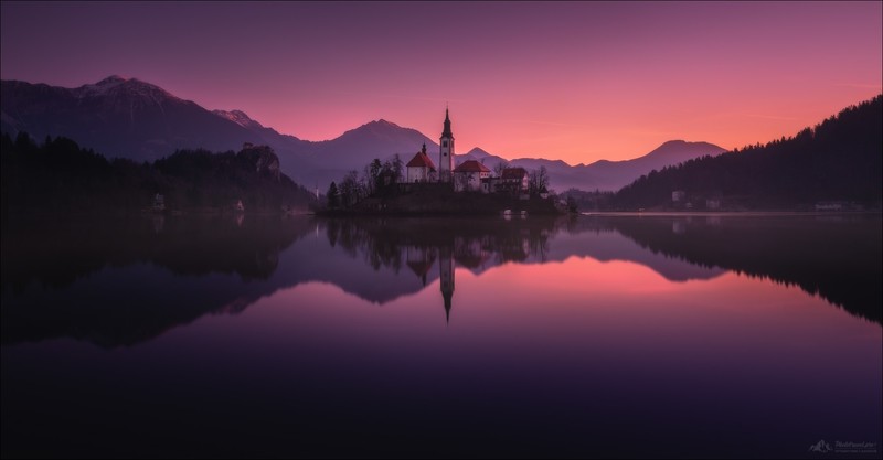 Vlad Sokolovsky, landscape, water, reflection, purple sky, horizon, mountains, snowy peak, Lake Bled, Slovenia