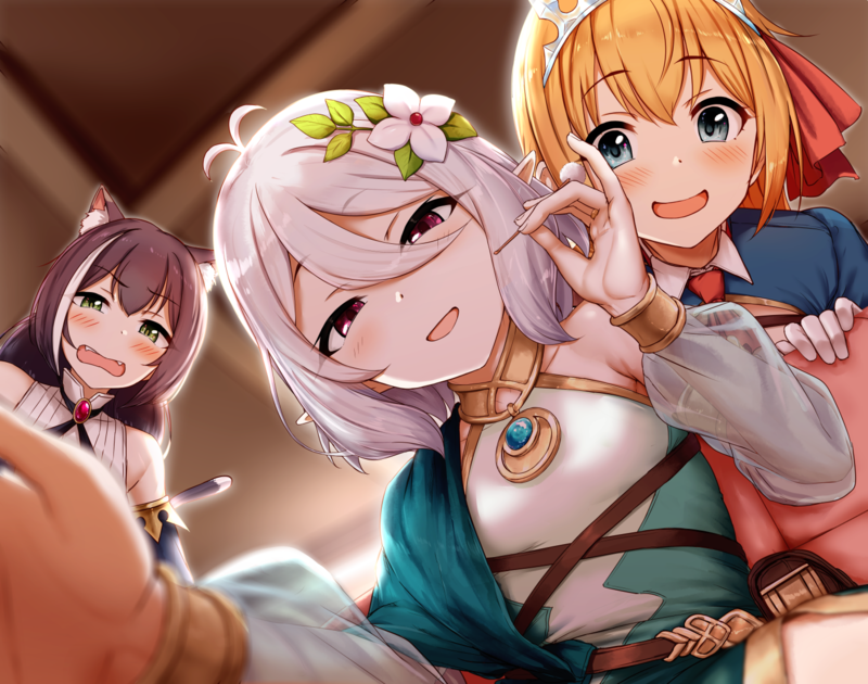 Princess Connect, karyl, Kokkoro (Princess Connect), pecorine (princess connect!), gray hair, multi-colored hair, cat girl, blonde, long hair, short hair, blush, green eyes, purple eyes, tiaras, see-through clothing, Fang, flat chest, anime, Kyaru (Princess Connect)