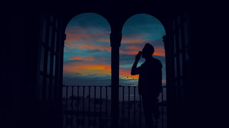 silhouette, arch, twilight, dark, man, 4k