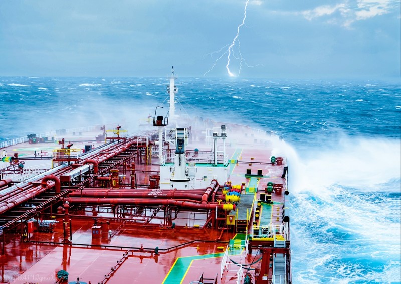 ship, merchant ship, oil tanker, storm, lightning, waves, sea, vehicle