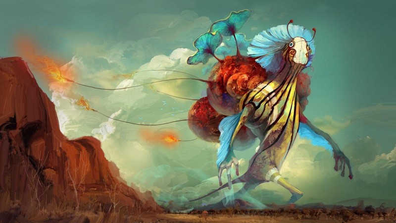 digital, digital art, creature, abstract, fantasy art, artwork, colorful, giant, fireballs, landscape, clouds