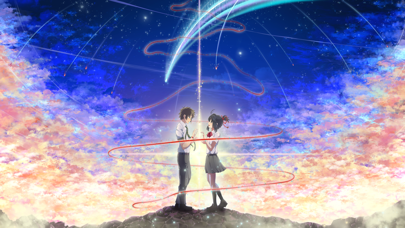 women, Your Name, anime, couple, shooting stars, red ribbon, Kimi no Na Wa