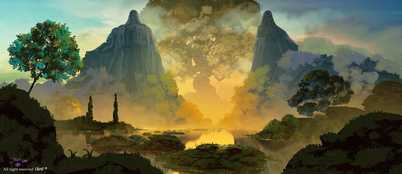fantasy art, artwork, landscape, statue, trees