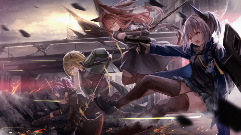 anime, anime girls, digital art, artwork, 2D, portrait, gun, weapon, stockings, battle, Arknights, Jessica(Arknights), Liskarm(Arknights), Franka(Arknights)