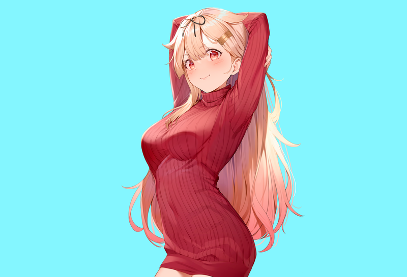 blonde, long hair, red eyes, blush