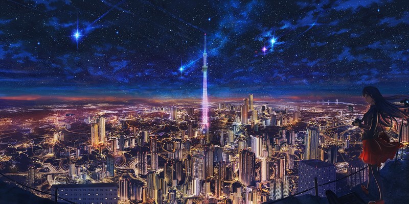 building, camera, city, landscape, long hair, night, pantyhose, skirt, sky, stars, anime