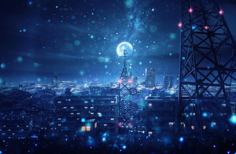building, city, Moon, sky, stars, anime