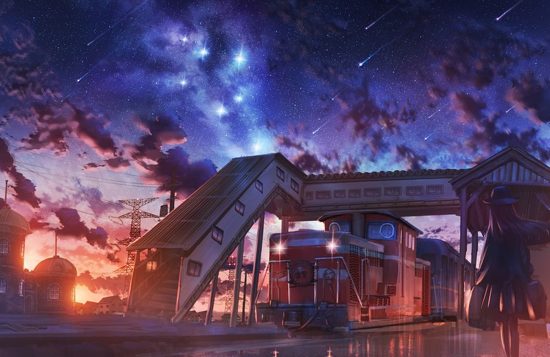 clouds, long hair, stars, skirt, train, anime