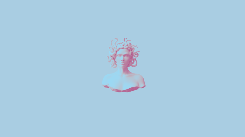 digital art, gradient, soft gradient, vaporwave, Medusa, statue, pale, simple background, Greek mythology