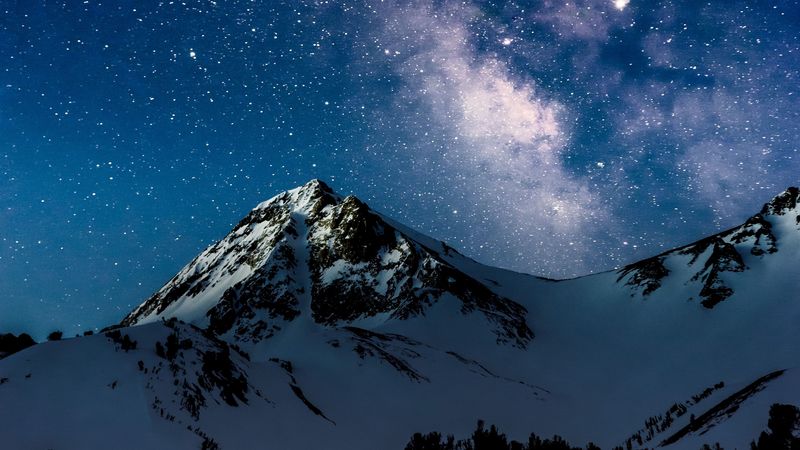 mountains, night, starry sky, milky way, snow, 4k